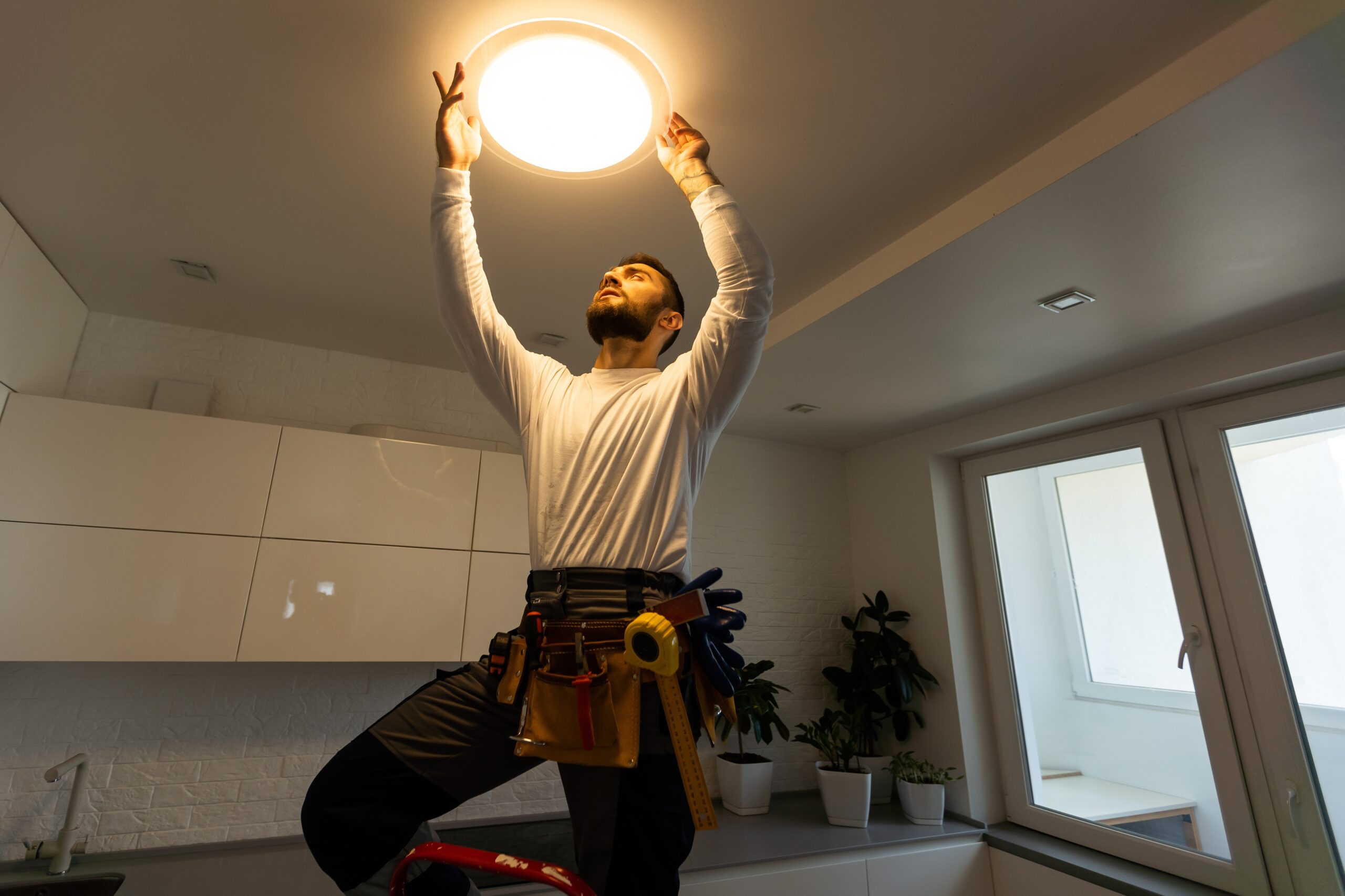Electrician,Worker,Installation,Electric,Lamps,Light,Inside,Apartment.,Construction,Decoration